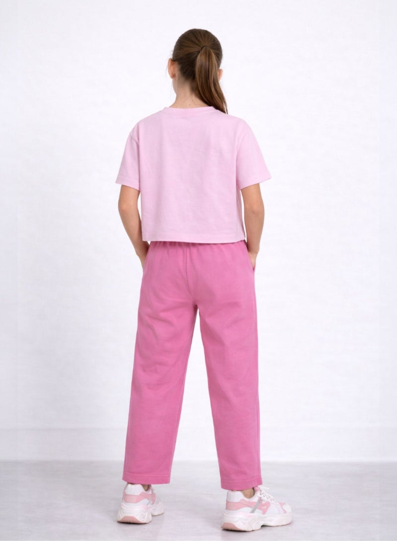 victor and jane Girls 2 Pc Set Floral Print Top & Barrel Pants Set – Light Pink & Pink - Image 3